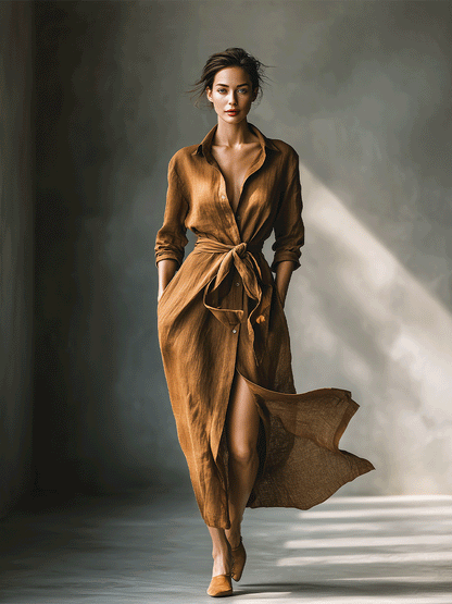 Effortless Brown Shirt Dress for Women with Collar V Tie Style