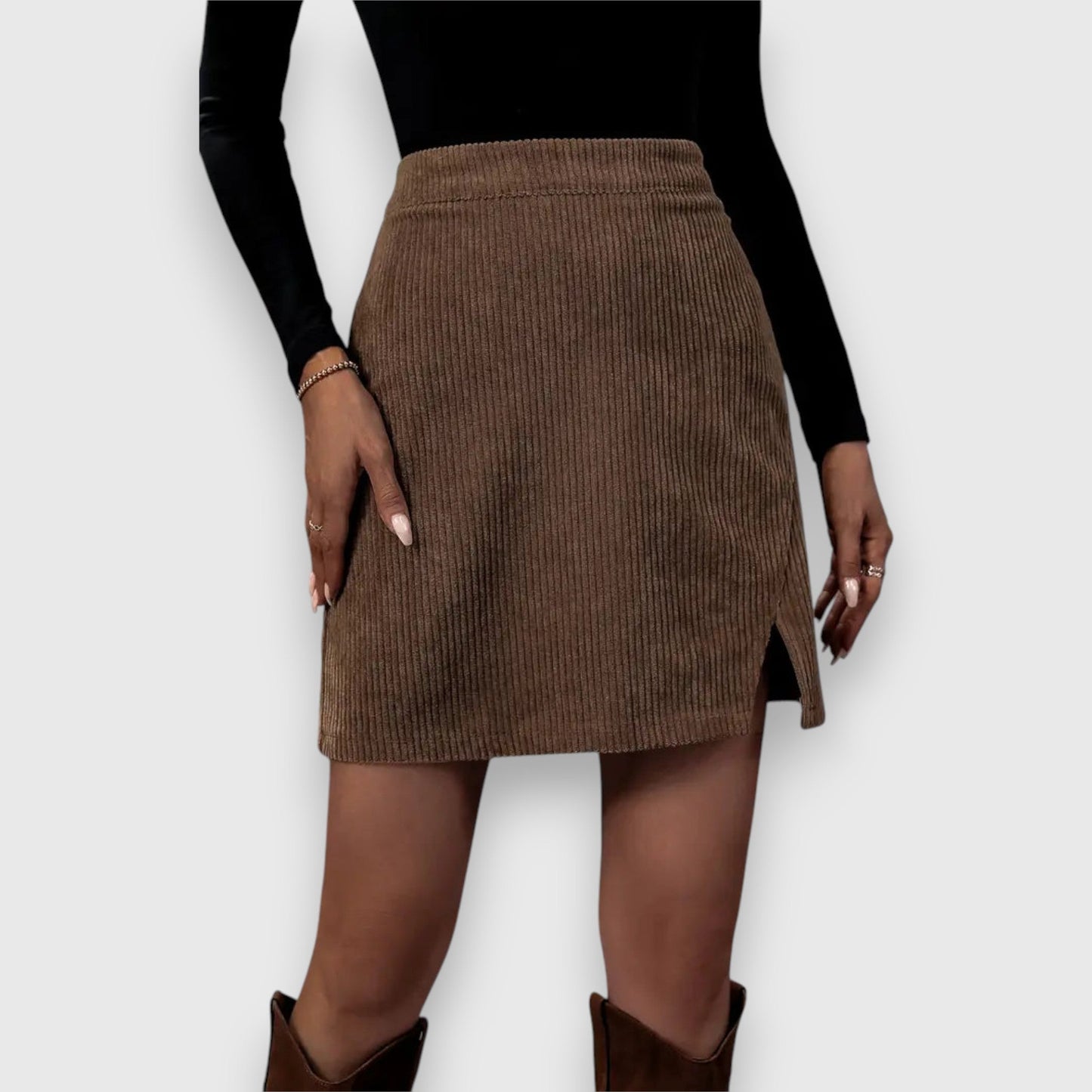 Stylish Brown Mini Skirt for Women with High Waist Corduroy Textured Front Split Fitted Casual Style