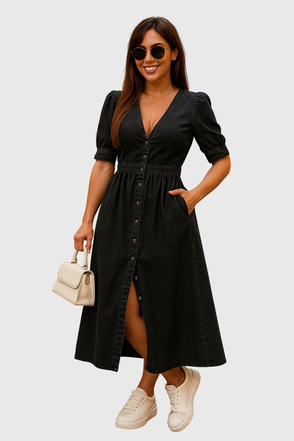 Effortless Denim Midi Dress for Women with V Neck Style