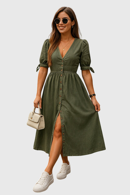 Effortless Denim Midi Dress for Women with V Neck Style