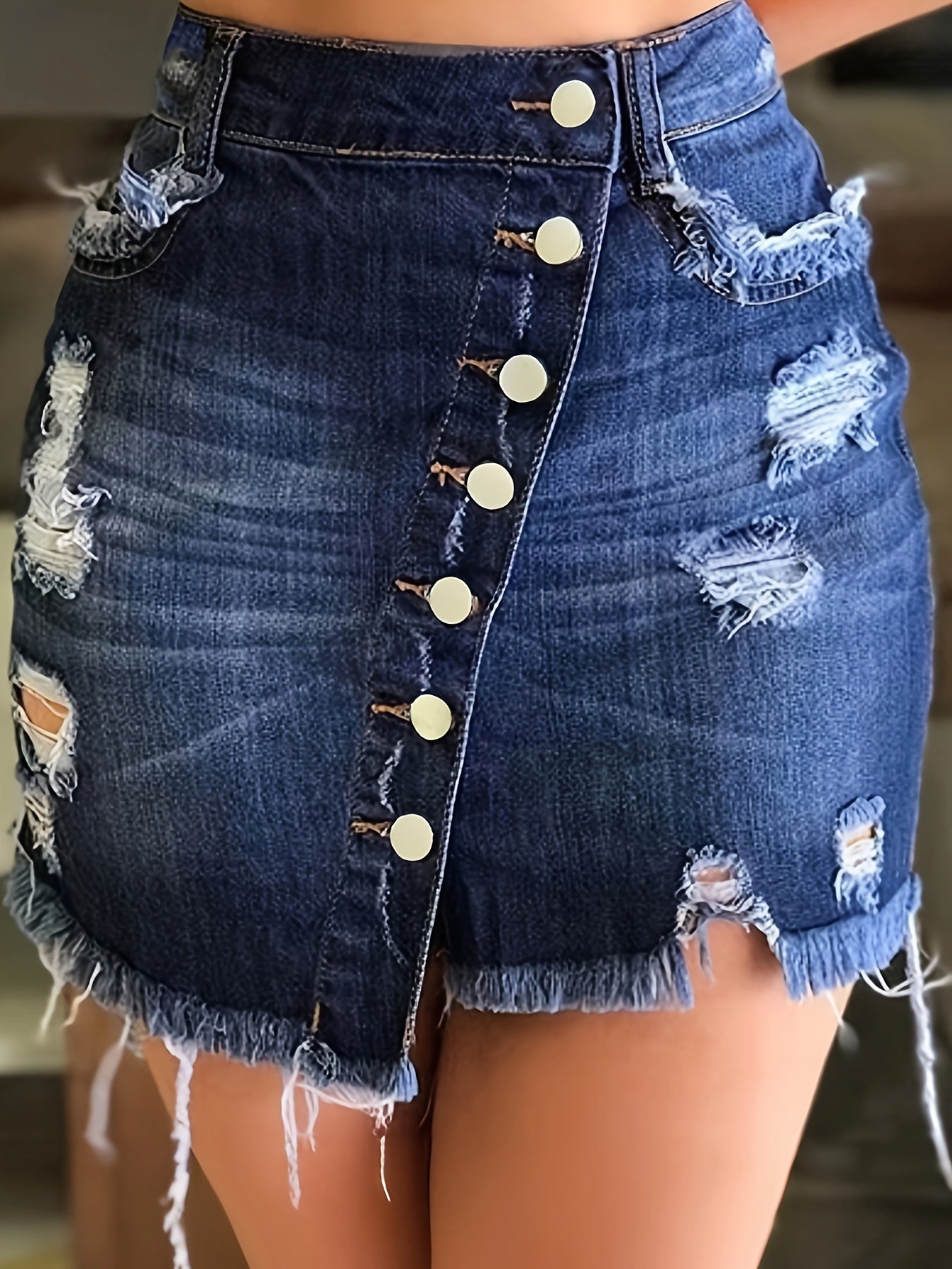 Stylish Blue Denim Mini Skirt for Women with High Waist Ripped Button Front Raw Hem Jean Skirt Style