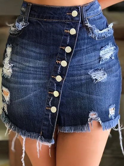 Stylish Blue Denim Mini Skirt for Women with High Waist Ripped Button Front Raw Hem Jean Skirt Style