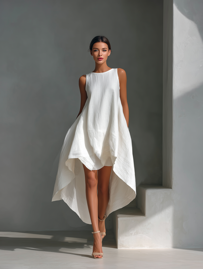 Effortless Linen Midi Dress for Women with Round Neck Style