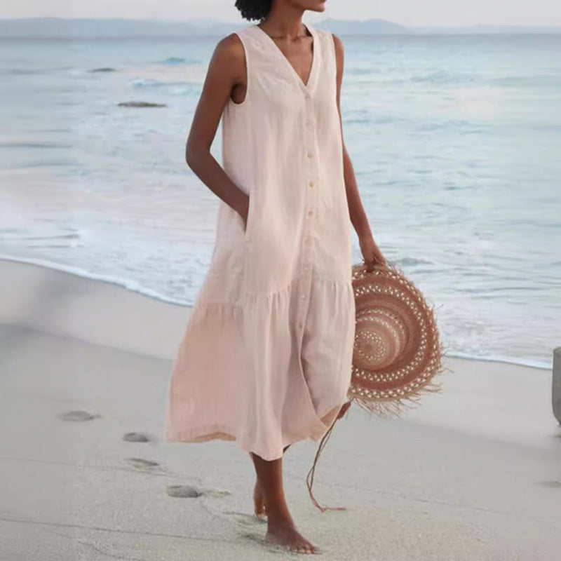 Effortless Linen Maxi Dress for Women with V Neck Style