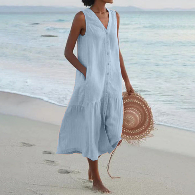 Effortless Linen Maxi Dress for Women with V Neck Style