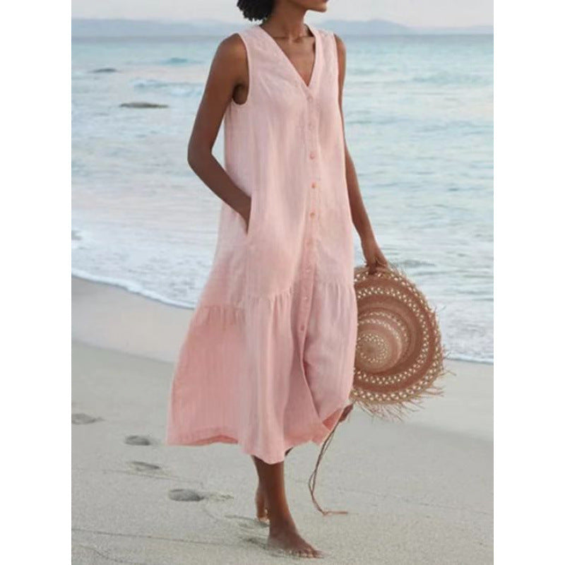 Effortless Linen Maxi Dress for Women with V Neck Style