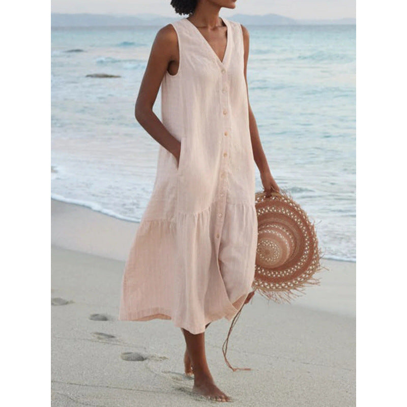 Effortless Linen Maxi Dress for Women with V Neck Style