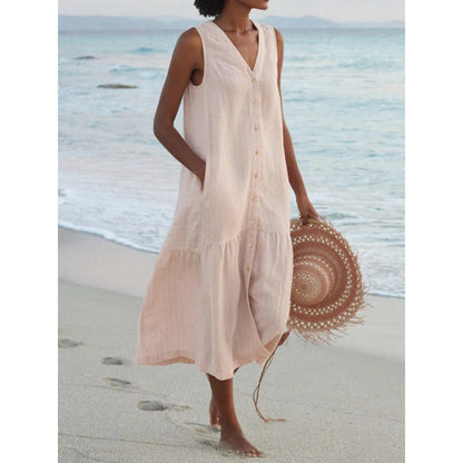 Effortless Linen Maxi Dress for Women with V Neck Style