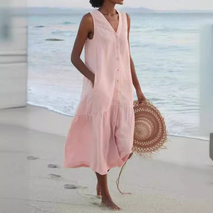 Effortless Linen Maxi Dress for Women with V Neck Style