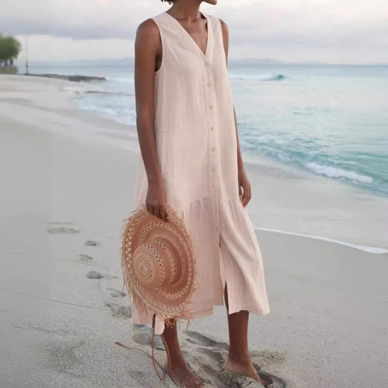 Effortless Linen Maxi Dress for Women with V Neck Style