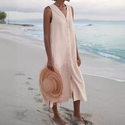 Effortless Linen Maxi Dress for Women with V Neck Style