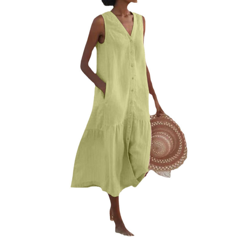Effortless Linen Maxi Dress for Women with V Neck Style