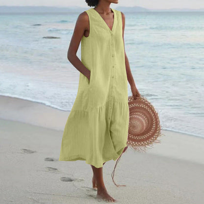 Effortless Linen Maxi Dress for Women with V Neck Style