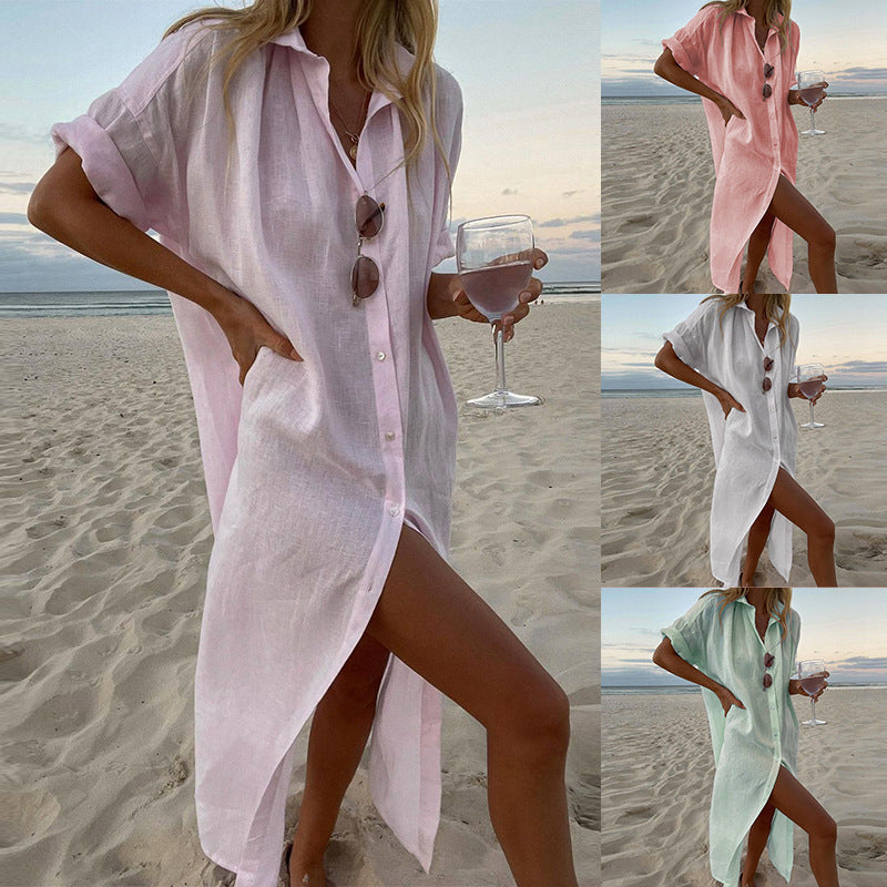 Button Front Beach Shirt Dress with Side Slit