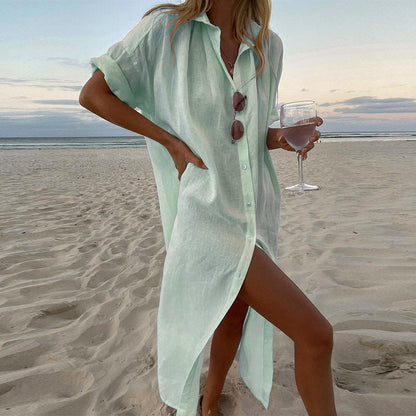 Button Front Beach Shirt Dress with Side Slit