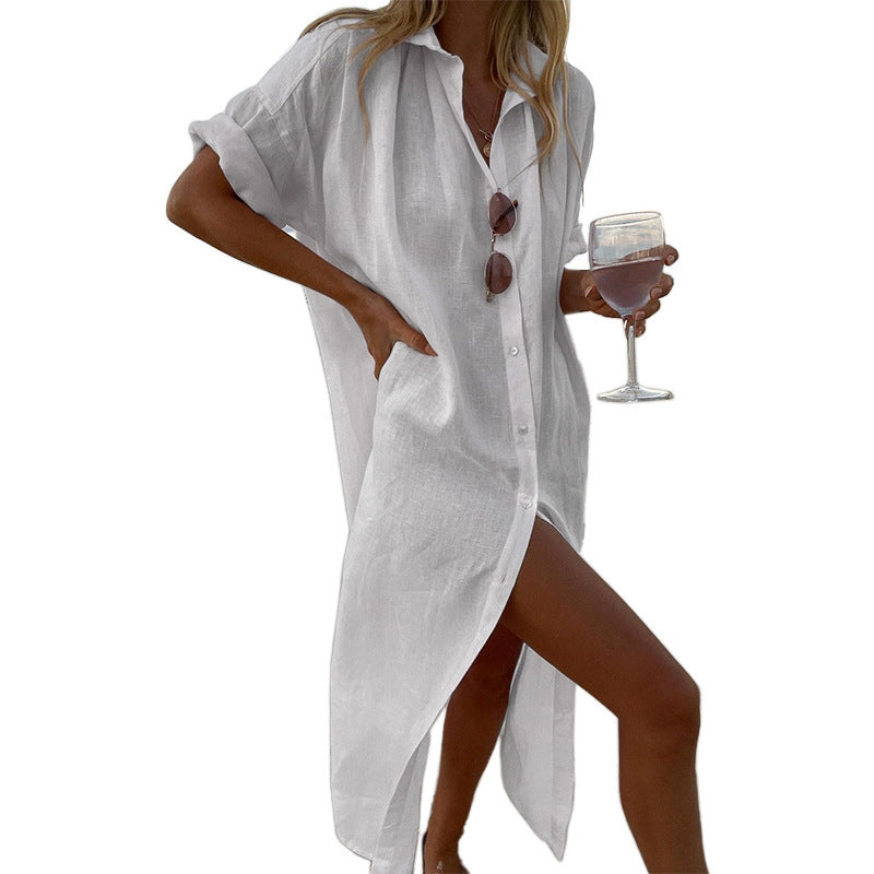 Button Front Beach Shirt Dress with Side Slit
