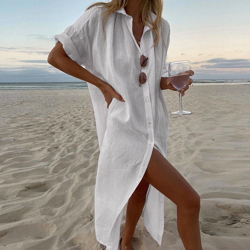 Button Front Beach Shirt Dress with Side Slit