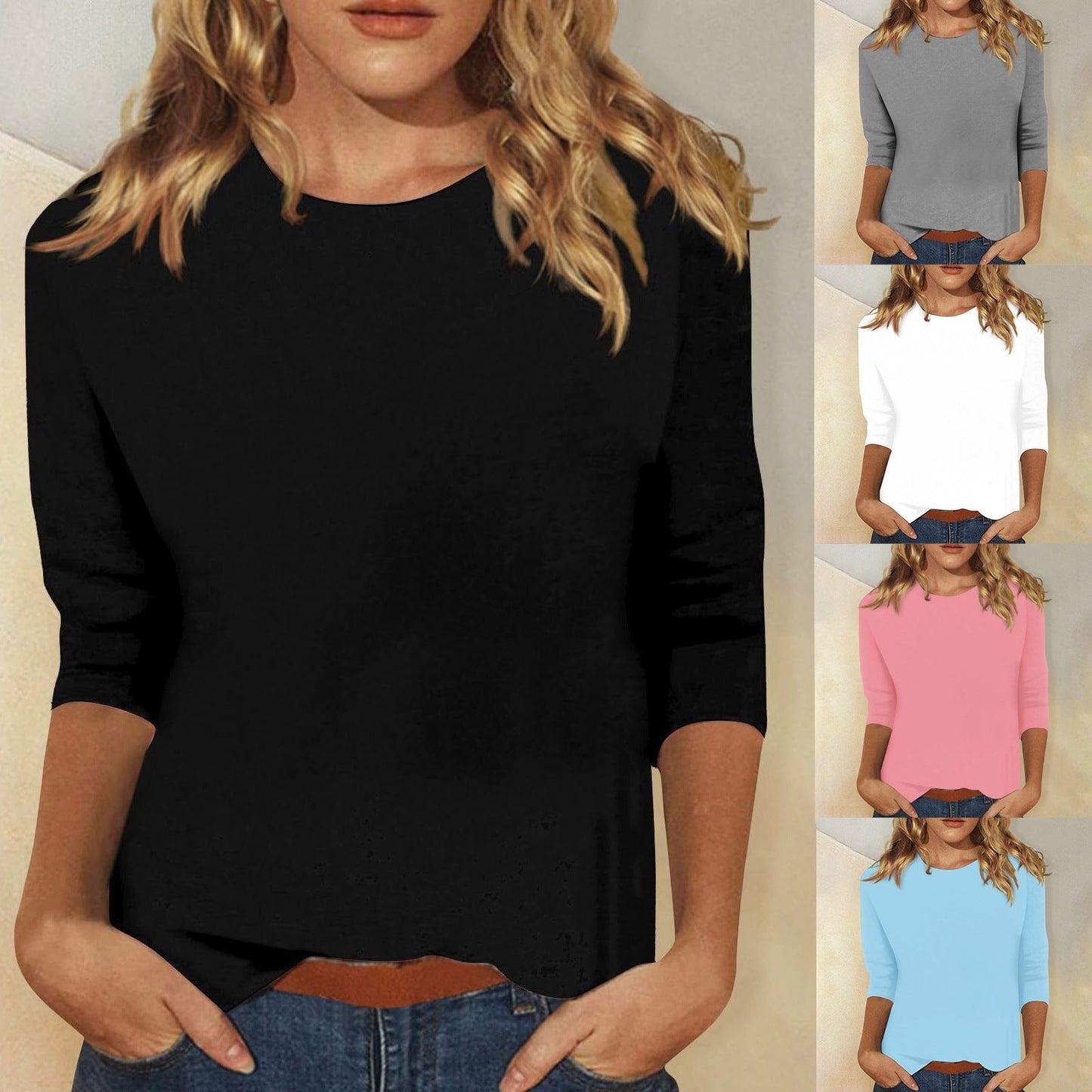 Comfortable Round Neck Blouses for Women with Elbow Sleeve Style
