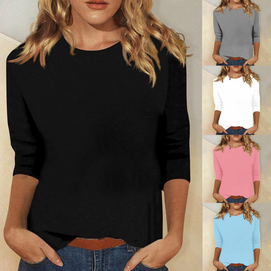 Comfortable Round Neck Blouses for Women with Elbow Sleeve Relaxed Soft Knit Casual Style