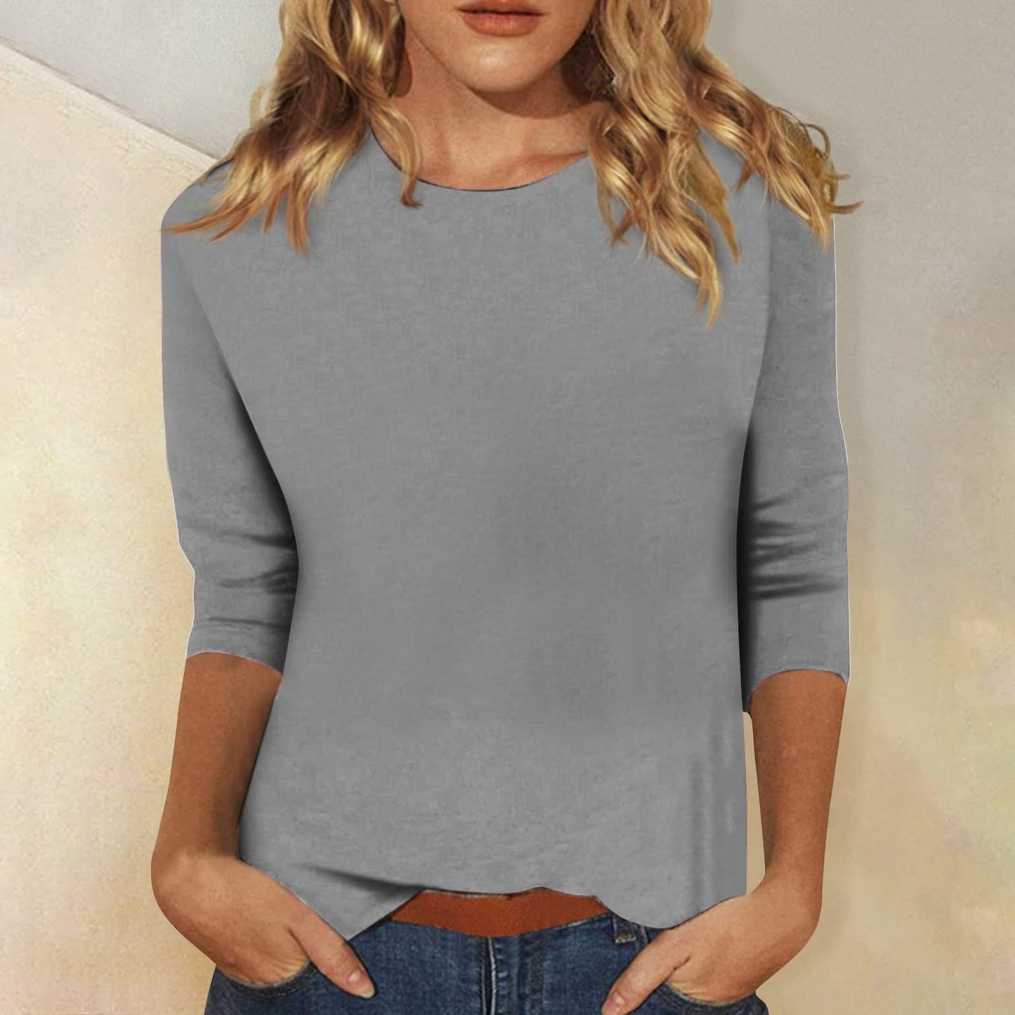 Comfortable Round Neck Blouses for Women with Elbow Sleeve Style