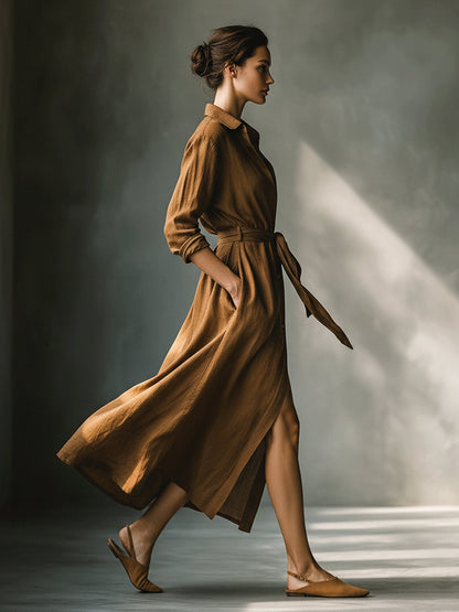 Effortless Brown Shirt Dress for Women with Collar V Tie Style
