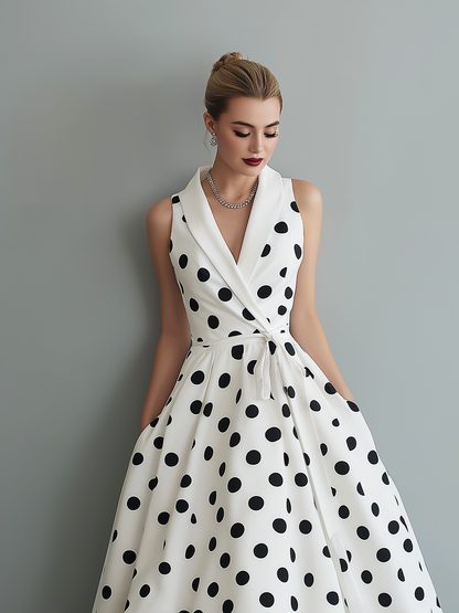 Elegant Black and White Polka Dot Midi Dress for Women with V Neck Style
