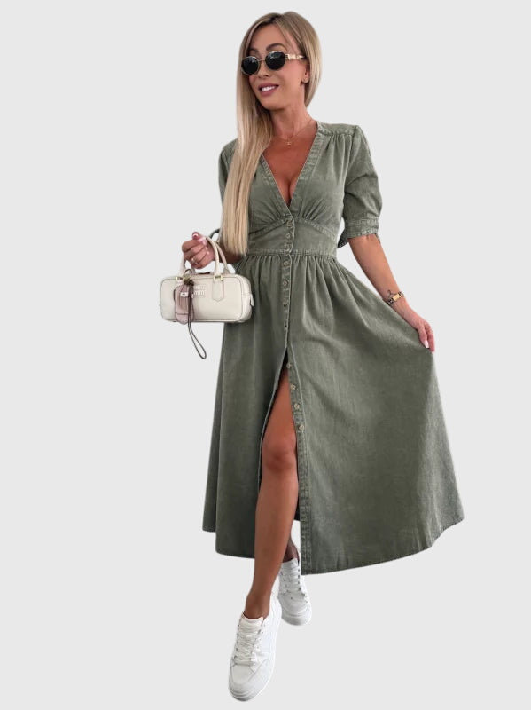 Effortless Denim Midi Dress for Women with V Neck Style