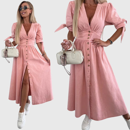 Effortless Denim Midi Dress for Women with V Neck Style