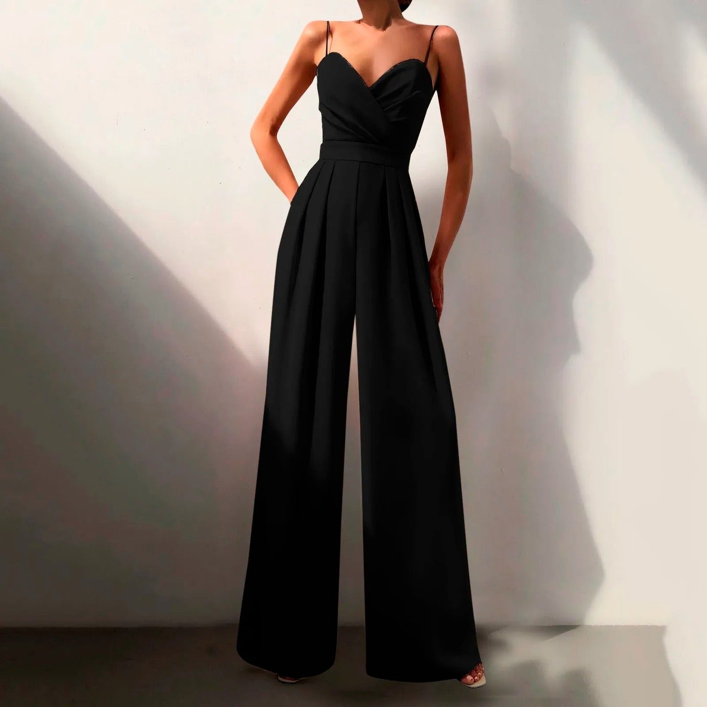 Elegant Wide Leg Jumpsuit for Women with Sweetheart Neck Spaghetti Strap Flowing Formal Style
