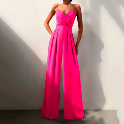 Elegant Wide Leg Jumpsuit for Women with Sweetheart Neck Spaghetti Strap Flowing Formal Style
