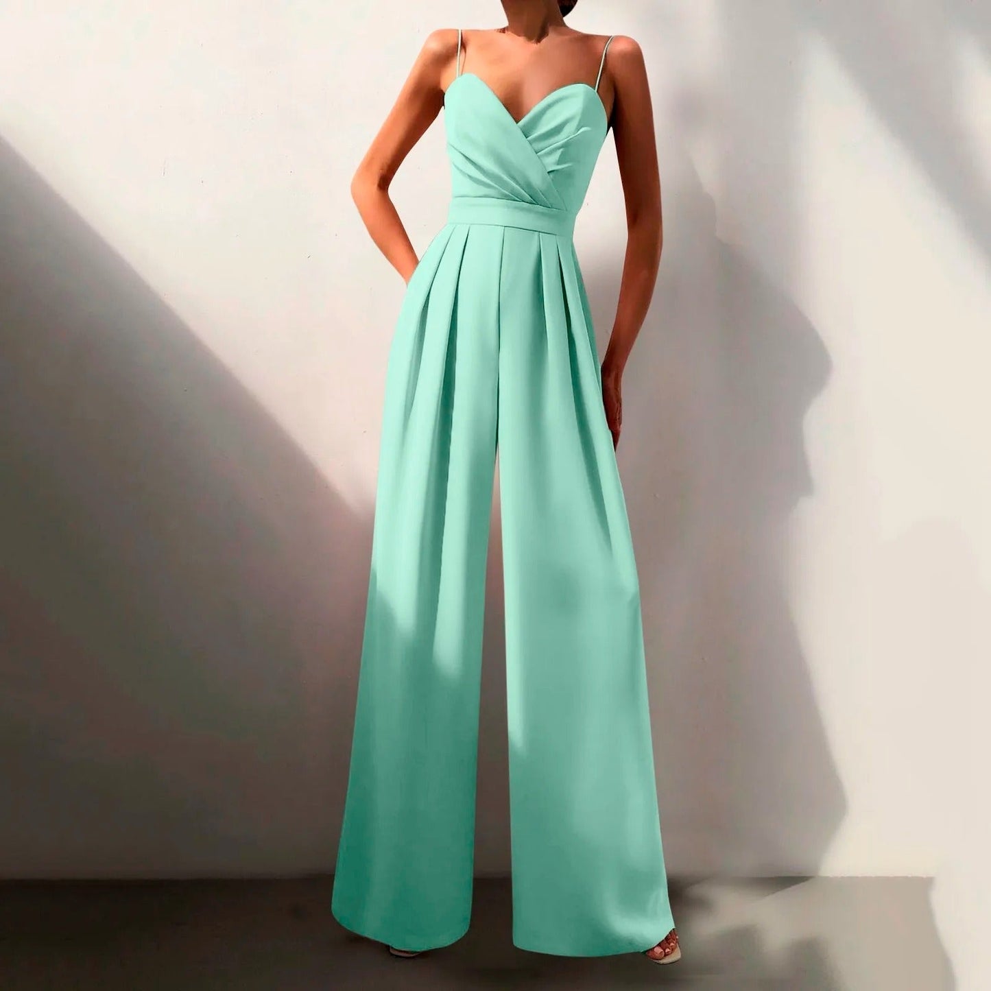 Elegant Wide Leg Jumpsuit for Women with Sweetheart Neck Spaghetti Strap Flowing Formal Style