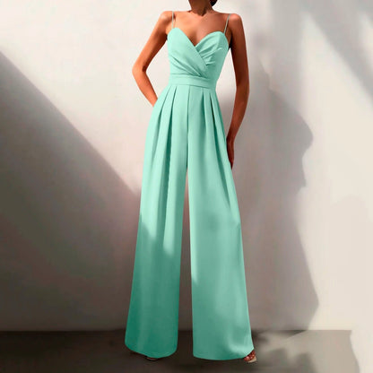 Elegant Wide Leg Jumpsuit for Women with Sweetheart Neck Spaghetti Strap Flowing Formal Style