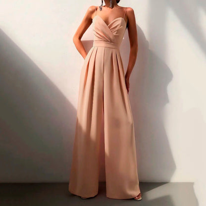 Elegant Wide Leg Jumpsuit for Women with Sweetheart Neck Spaghetti Strap Flowing Formal Style