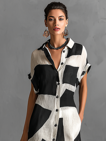 Stylish Black and White Shirt Dress for Women with Lapel Collar Style