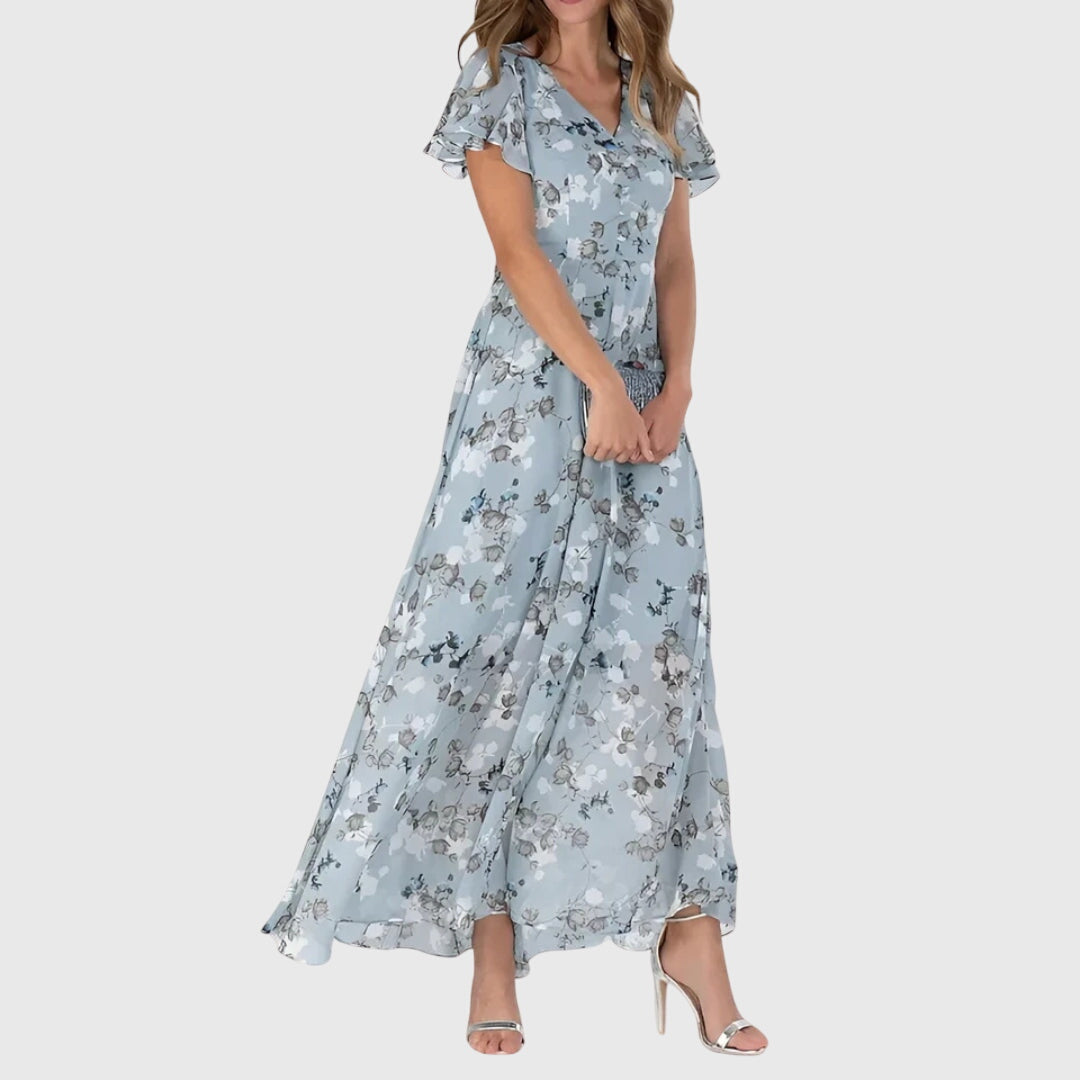 Effortless Floral Maxi Dress for Women with V Neck Flutter Sleeve Style