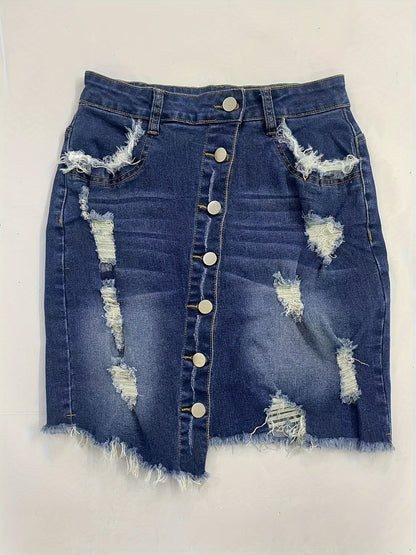 Stylish Blue Denim Mini Skirt for Women with High Waist Ripped Button Front Raw Hem Jean Skirt Style