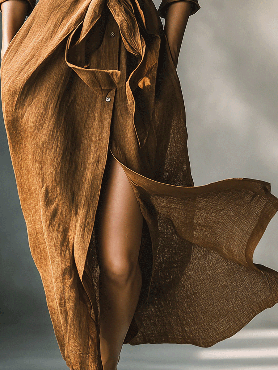 Effortless Brown Shirt Dress for Women with Collar V Tie Style