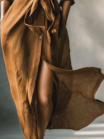 Effortless Brown Shirt Dress for Women with Collar V Tie Style