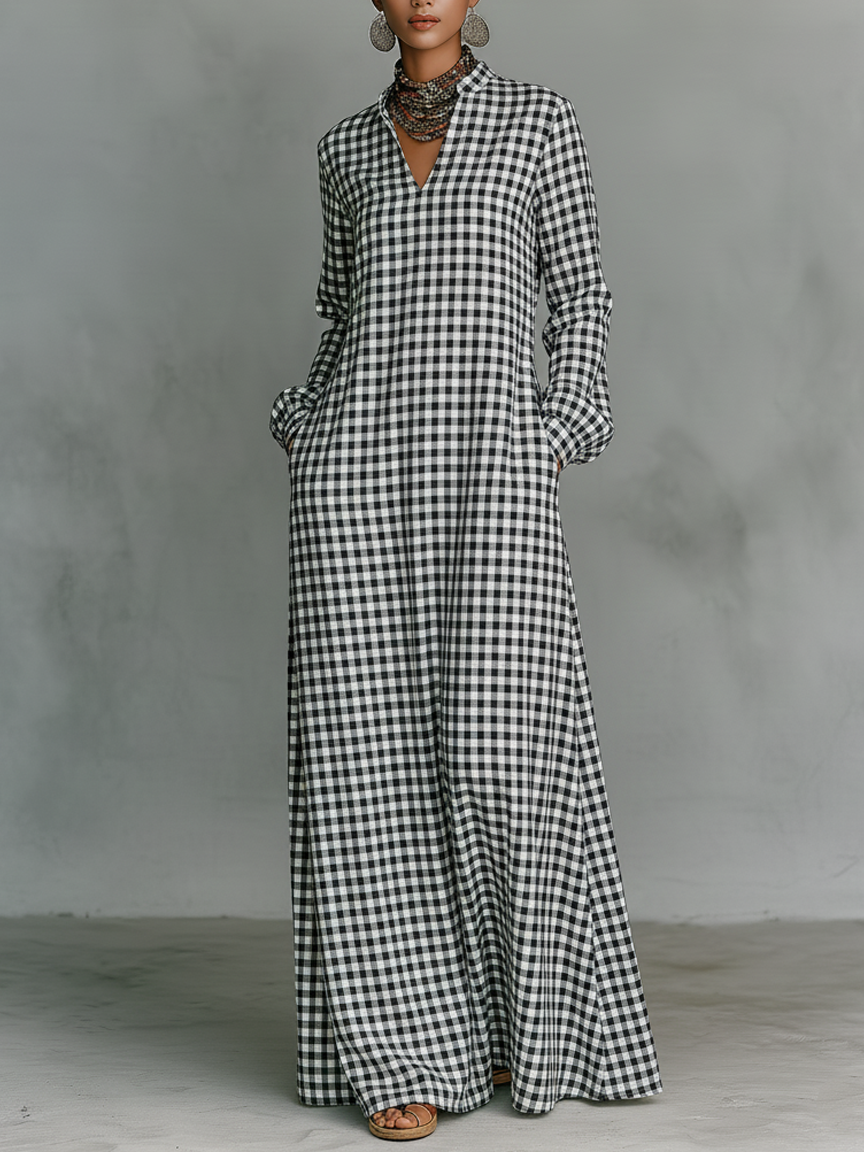 Effortless Plaid Maxi Dress for Women with V Neck Style