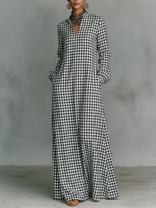 Effortless Plaid Maxi Dress for Women with V Neck Style