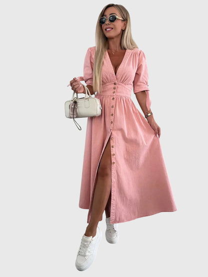 Effortless Denim Midi Dress for Women with V Neck Style