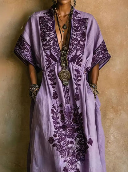 Purple Embroidered Kaftan Maxi Dress