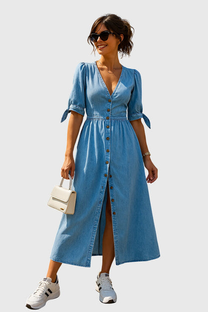 Effortless Denim Midi Dress for Women with V Neck Style
