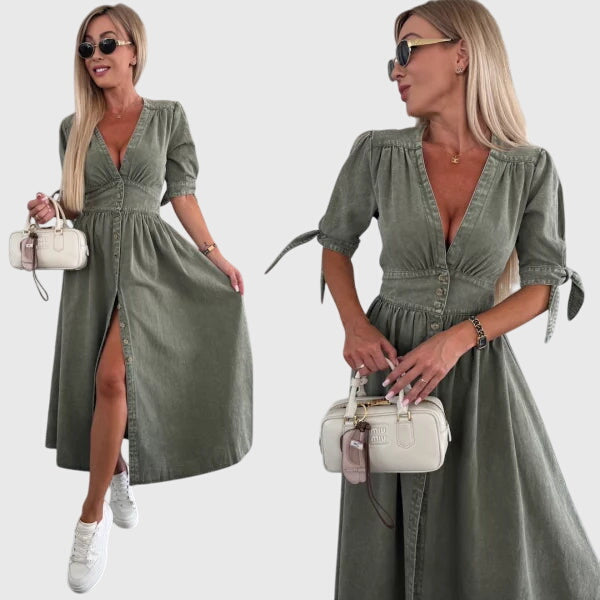 Effortless Denim Midi Dress for Women with V Neck Style
