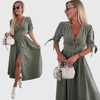 Effortless Denim Midi Dress for Women with V Neck Style