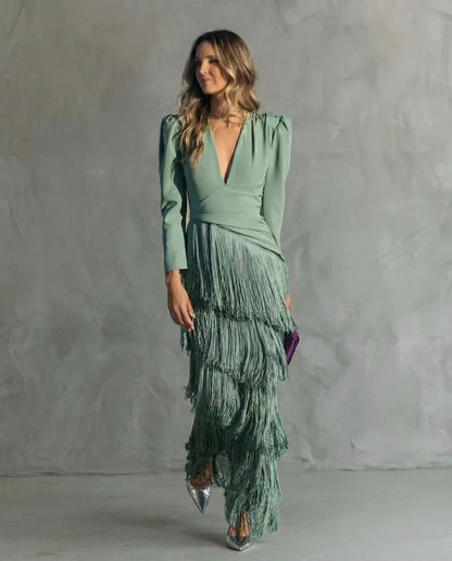 Elegant Fringe Maxi Dress for Women with V Neck Style