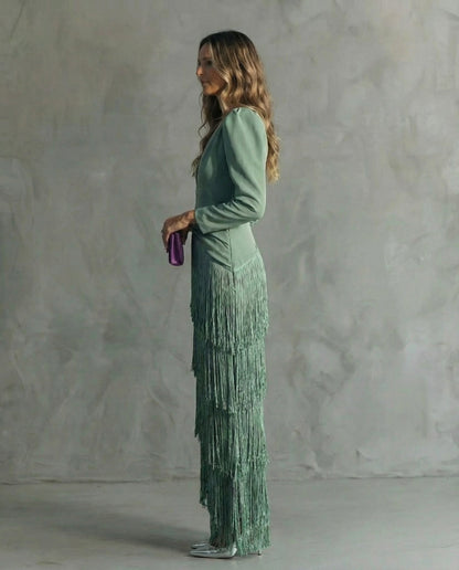 Elegant Fringe Maxi Dress for Women with V Neck Style