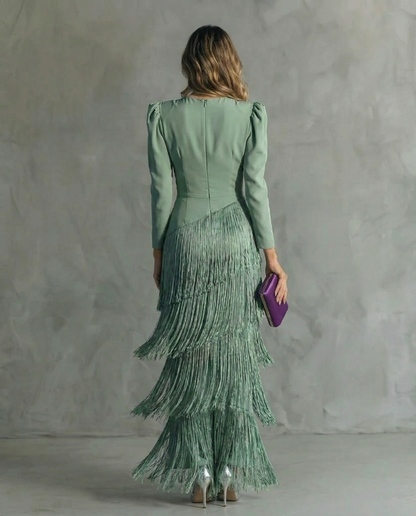 Elegant Fringe Maxi Dress for Women with V Neck Style