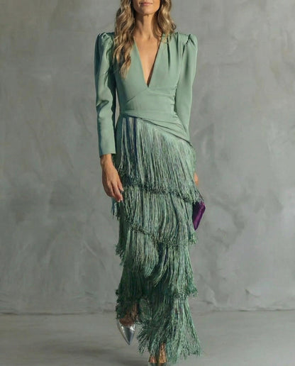 Elegant Fringe Maxi Dress for Women with V Neck Style