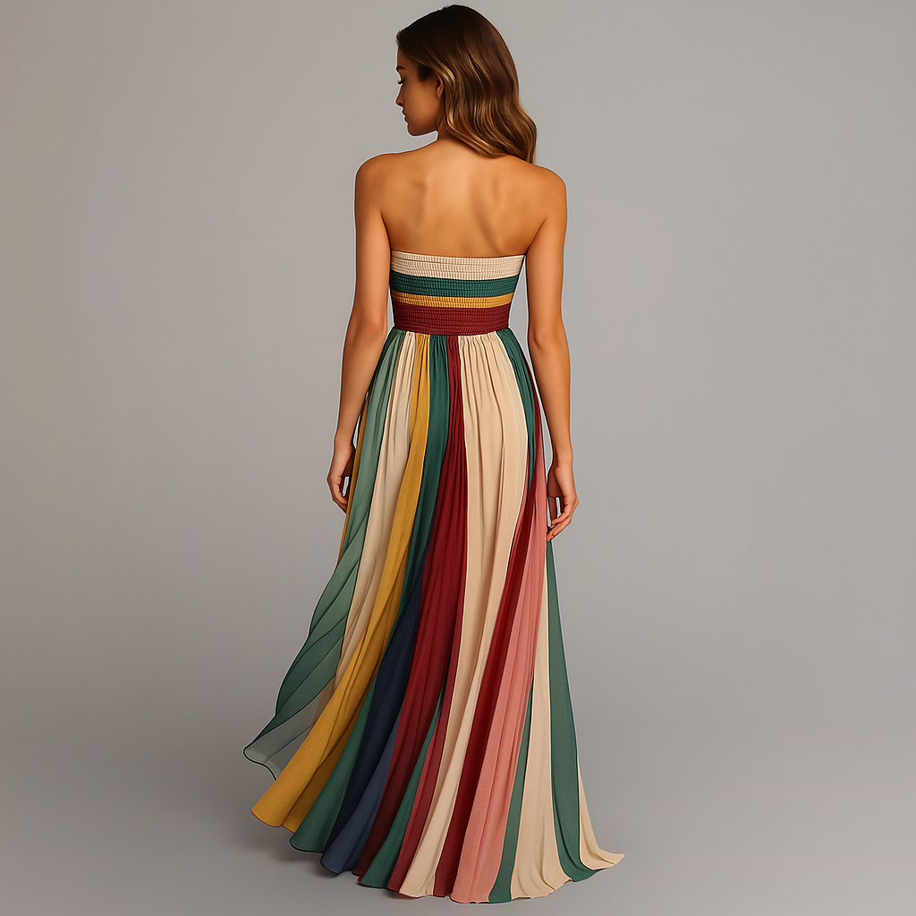 Elegant Multicolor Striped Maxi Dress for Women with Strapless Formal Wedding Guest Style